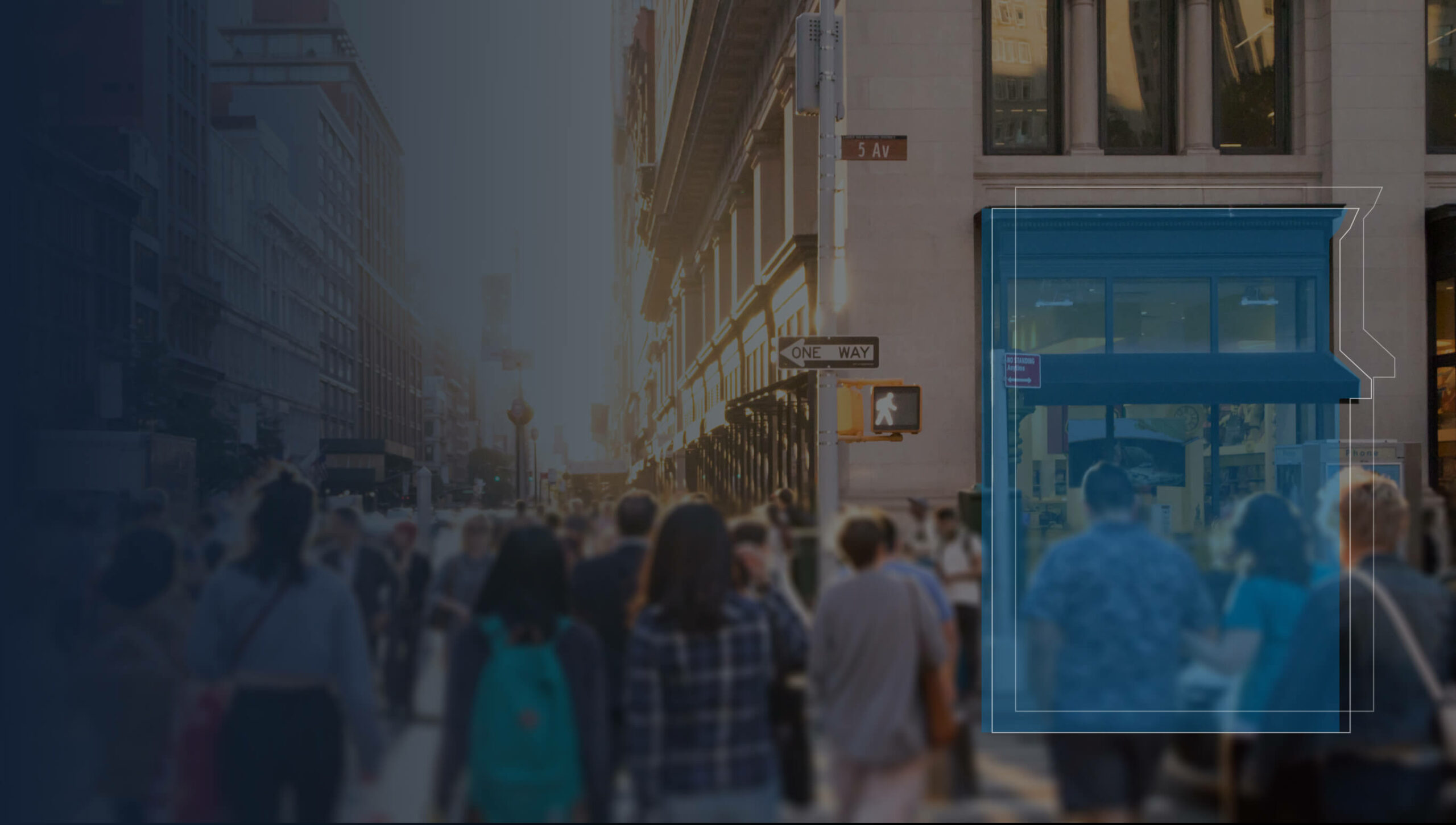 Commuters walking in a city with overlay to represent data.