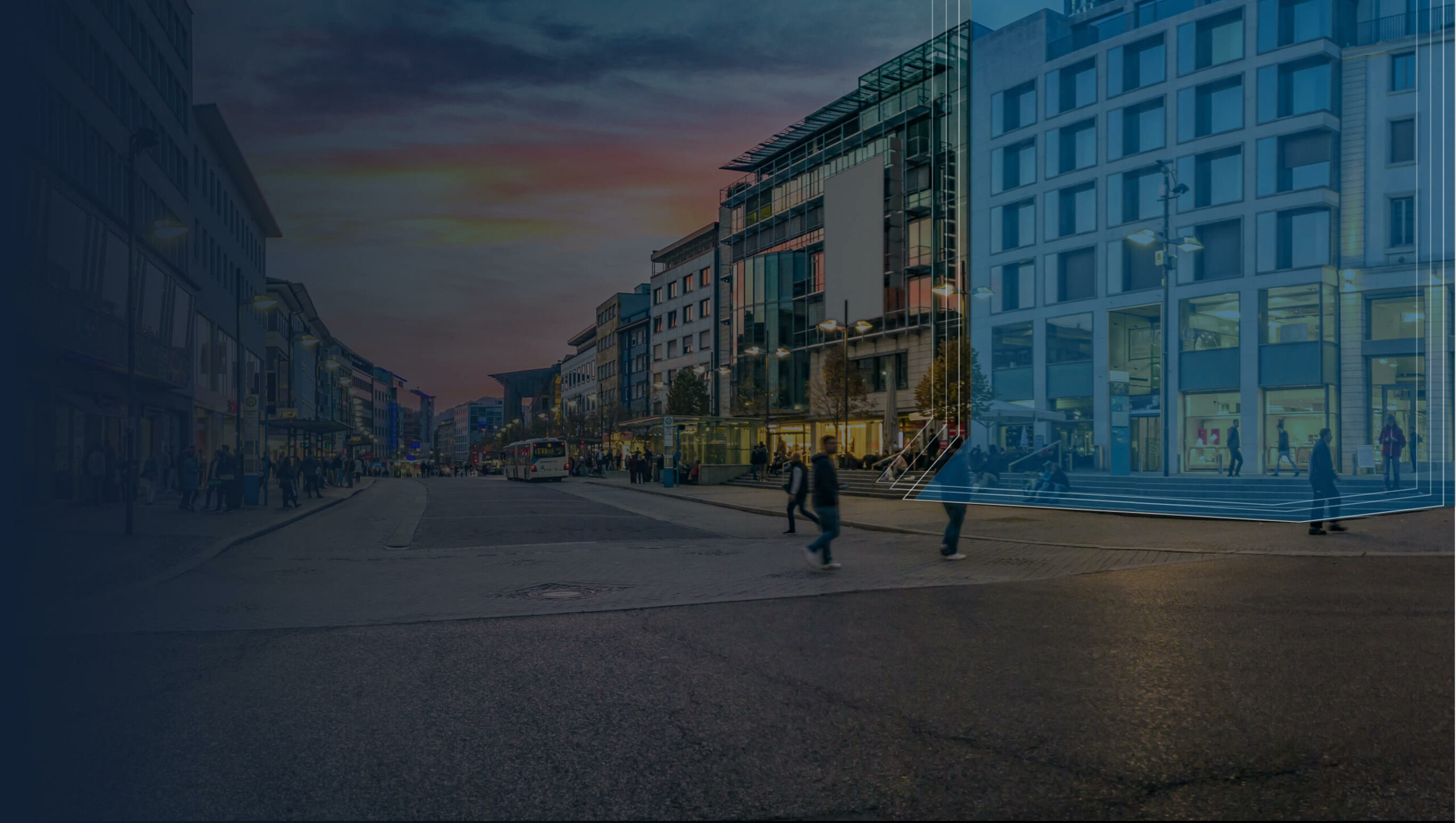 People walking in urban setting with overlay to represent data.