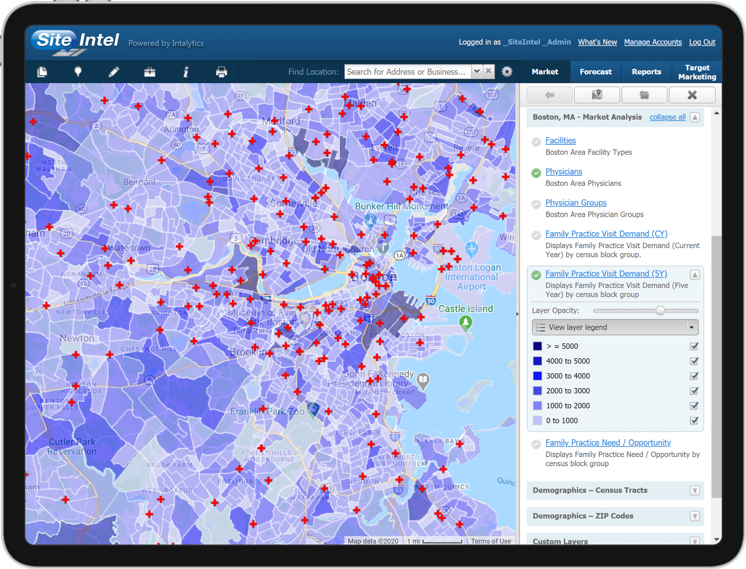 Tablet device with map from Site Intel program on the screen.